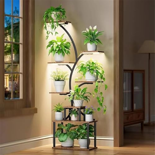 OPULENTHOME Pflanzenständer mit Wachstumslicht, 8 Ebenen Metall Holz Pflanzenregal,Mit Rädern,150cm Hoch, Große Blumenständerfür Innen Garten Balkon (mit Haken an der Spitze)
