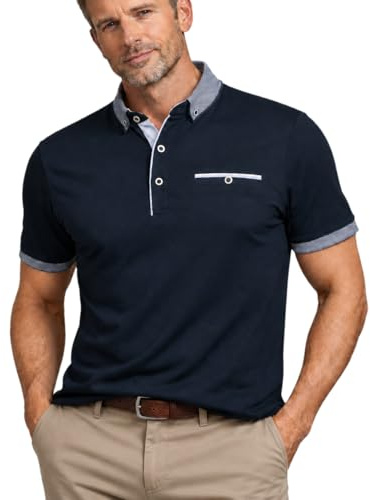 Xact Polo Hombre Manga Corta Algodón Stretch, Camiseta Jersey con Cuello Button Down, Bolsillo Falso, Regular Fit Smart Casual para Trabajo Golf Viaje
