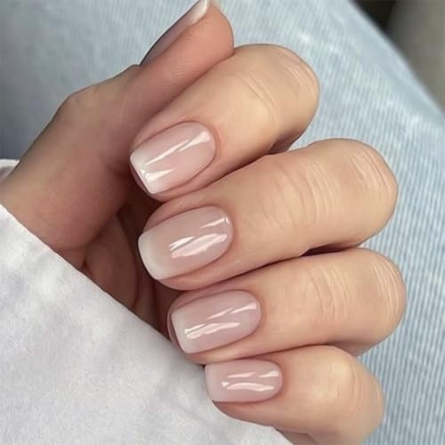 JUSTOTRY 24 Stück Gradient French Nägel Zum Aufkleben Kurz,Hellrosa Eckig Press on Nails Pattern,Glossy Weiß Fake Nails Mittel,French Square Kunstnägel zum Aufkleben für Frauen