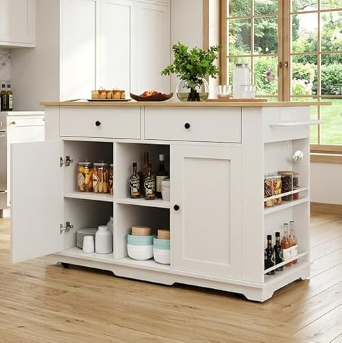 FammyLoft Rolling Kitchen Island on Wheels with Power Strip, Kitchen Trolley Storage with Folding Side Board, 2 Drawers, Adjustable Shelves, Trolley with Large Cabinet for Home Kitchens, White