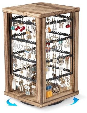 Emfogoo 360° Rotating Earring Storage Organiser, Rustic Wood Earring Holder Stand, 4 Tiers Earring Display Rack for Stud Earrings, Hoop Earrings & Necklaces, Women Girls Gifts