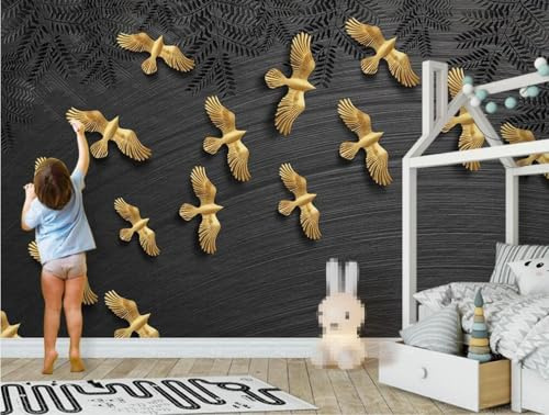 Mural Wallpaper Black Leaf Golden Bird Wallpaper 3D Effect Murals for Bedroom and Living Room Wall Decoration -KX09772, 400x280cm