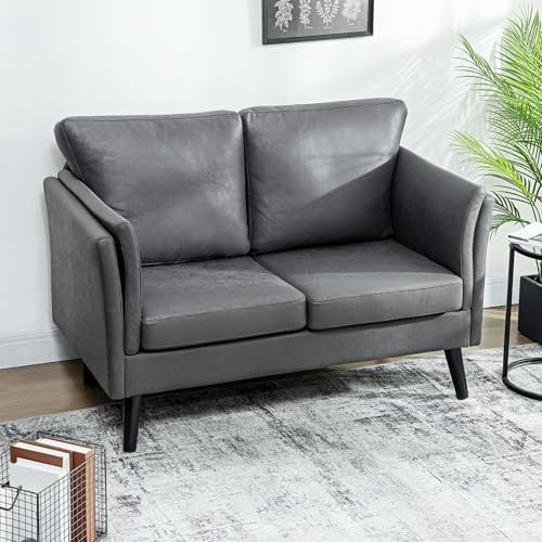 HOMCOM 2 Seater Sofa Modern Small Sofa with Thicken Cushion Grey | High-Resilience Foam, Rubber Wood Legs, Leathaire Upholstered Loveseat Settee, Living Room, Bedroom, Home Office