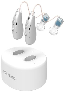 POLALAND Amplificador de Sonido Personal Recargable (2 Unidades), Ultraligero (4 g) Retroauricular (BTE), Chip DSP, Volumen Ajustable, Base de Carga Magnética, para TV y Conversaciones