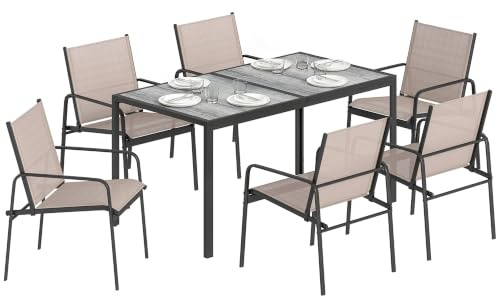 Outsunny 7-teiliges Gartenmöbel-Set, Gartenmöbel für den Außenbereich mit Tisch in Holzoptik und 6 Stühlen mit atmungsaktiver Sitzfläche, Rahmen aus verzinktem Stahl, für Terrasse, Innenhof, Khaki