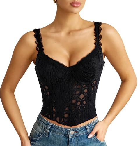 LEACOOLKEY Corsetto da Donna in Pizzo Bustier Sexy Trasparente a Fiori Top Corto Elegante in Rete con Lacci Corpetto Top Modellante per Uscite, Appuntamenti, Feste e Festival Musicali, nero