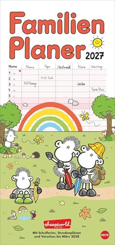 sheepworld Familienplaner 2027: Familienkalender mit 5 Spalten. Liebevoll illustrierter Familien-Wandkalender mit Schulferien und Stundenplänen.