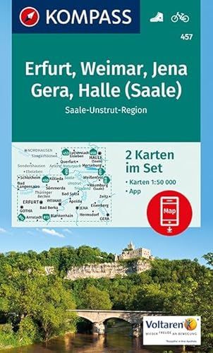 KOMPASS Wanderkarte Erfurt, Weimar, Jena, Gera, Halle (Saale): 2 Wanderkarten 1:50000 im Set inklusive Karte zur offline Verwendung in der KOMPASS-App. Fahrradfahren. (KOMPASS-Wanderkarten, Band 457)