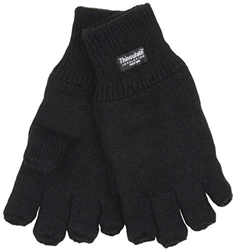 Mens Womens Black Fingerless Thinsulate Lined Thermal Knitted Gloves