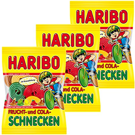 Haribo Frucht- und Cola Schnecken, 3er Pack, Gummibärchen, Weingummi, Fruchtgummi, Im Beutel, Tüte, 175 g