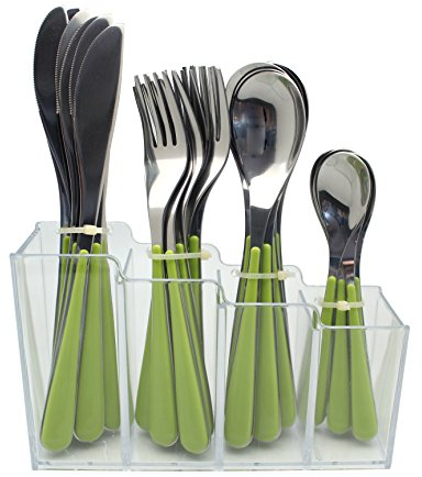 EXZACT Besteck mit Ständer/ 24 STK Rostfrei Stahl Besteck Set in Einem Plastikhalter - Farbige Griffe - 6 x Gabeln, 6 x Messer, 6 x Löffel, 6 x Teelöffel- Grün (EX153 x 24)