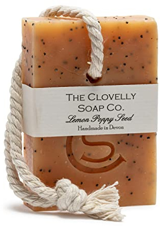 Clovelly Soap Co Natural Handmade Soap on a rope Bar (Lemon and Poppyseed, 100g) For all skin types.