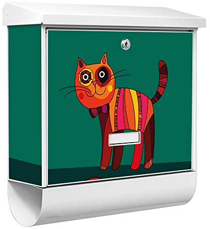 banjado® Burgwächter Briefkasten Weiß 38x39x12cm mit Motiv Orange Katze/Briefkasten mit Zeitungsfach/Briefkasten mit Zeitungsrolle/Postkasten inkl. Montagematerial & 2 Schlüsseln