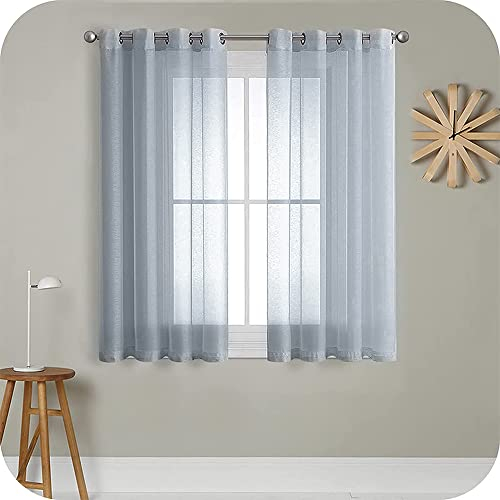MRTREES Voile Gardinen Vorhang halbtransparent kurz mit Ösen in Leinenoptik Stores Gardinen Schals für Wohnzimmer Schlafzimmer Kinderzimmer Grau 160×140cm (H×B) 2er Set