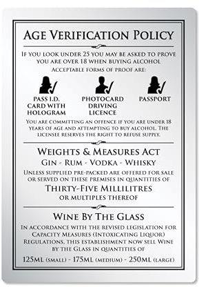 35ml 3 in 1 Alcohol Law Sign Pub Bar Restaurant Licensing Notice Under Age Wine