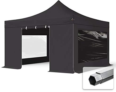 TOOLPORT Faltzelt Professional 4x4 m Faltpavillon mit Seitenteilen (Panoramafenster) ALU Pavillon Partyzelt schwer entflammbar schwarz