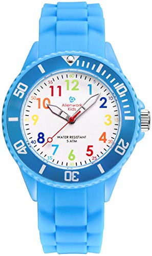 Alienwork Kids Montre Pédagogique Apprendre l'Heure Enfants Garçon Fille Bleu Clair Bracelet en Silicone Multicolore Enfants Résistant à l'eau 5 ATM Temps d'apprentissage