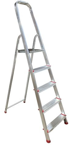 Scala pieghevole a 5 gradini in alluminio, resistente e leggera, antiscivolo, per uso domestico, portata fino a 150 kg