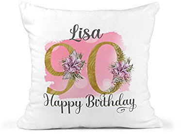 Personalised 90th Birthday Cushion with Name, Pink Floral Design, White 40 x 40 cm - Cushion Insert Included - One-Sided Print