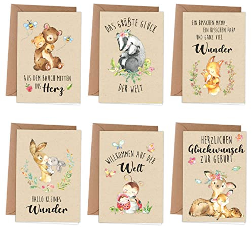 Papierdrachen Glückwunschkarten zur Geburt | 6 verspielte Grußkarten als Klappkarte inklusive Umschlag zur Geburt des Babys - Stilvolles Design - Motiv Waldtiere