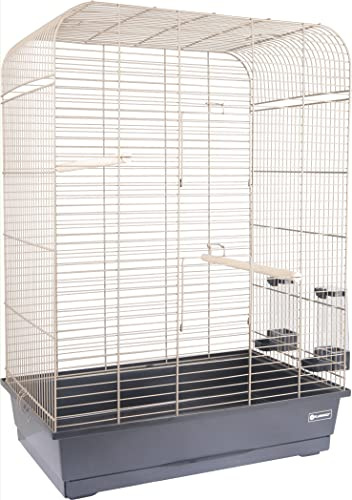 Flamingo Vogelkäfig – Voliere Vögel – Marja Metall-Taupe/Schwarz – 54×34×75 cm – 2 Sitzstangen & 2 Näpfe, 2 Frontklappen, Kunststoff-Schublade, EU-Herstellung