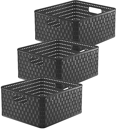 Rotho Country Aufbewahrungsboxen 3 x 14 L Boxen Aufbewahrung Anthrazit | Stapelboxen, offene Rattan-Optik, mit Griffen, modular kombinierbar, pflegeleicht, stabil, ohne Deckel im praktischen 3er-Set