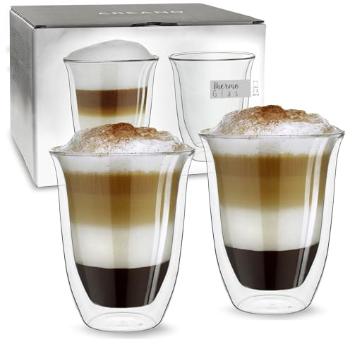 Creano Lot de 2 Verres Double Paroi 400 ml Modèle V – Grandes Tasses Thermiques Isolantes en Verre Borosilicate pour Latte Macchiato & Thé