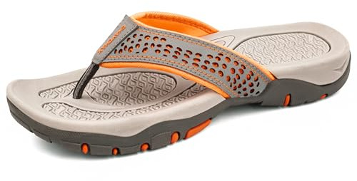 ChayChax Men’s Flip Flops Arch Support Sport Thong Sandals Non Slip Outdoor Beach Walking Slippers,Grey Orange,8 UK