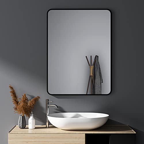 Wandspiegel groß Schwarz 50x70 cm Spiegel Rechteckiger Abgerundete Ecken Wandmontage Edelstahl Kosmetikspiegel für Badezimmer Wohnzimmer glatte Spiegeloberfläche horizontaler vertikaler Einbau