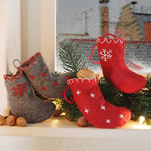 ETC kleine Weihnachtssäckchen Nikolausstiefel Weihnachtsbeutel Anhänger Adventkalender aus Filz im 4-er Set rot und grau