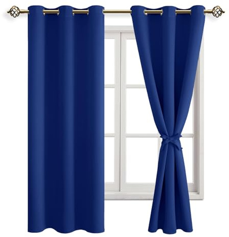 JIUZHEN Vorhänge Blickdicht Ösen Thermo Gardinen Wohnzimmer 137x117cm(HxB) | 2er Set Königsblau Verdunklungsvorhänge mit Raffhalter Kurz, UV-Schutz, Blackout Curtains Schlafzimmer Kinderzimmer Büro Tür