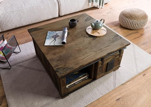 MASSIVMOEBEL24.DE Couchtisch Mango braun lackiert Railway #4006 | 90x90x45 cm (BxTxH) 40 kg Industrial montiert vollmassiv