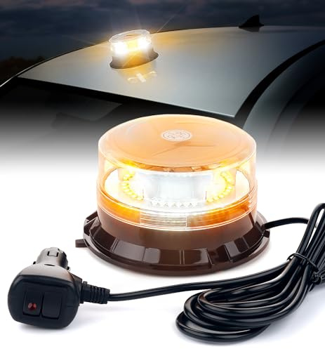 LUMENIX LED Rooftop Mini Strobe Beacon Light Magnetic and Screw Mount Rotating Warning Flashing Forklift Lights for Security Patrol Vehicles Towing Trucks Snow Plows Postal Mail ATV UTV- White Amber