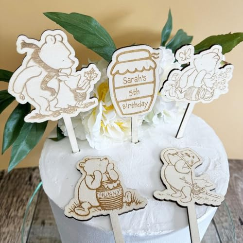Luck and Luck Personalisierte Winnie Puuh Kuchendekorationen, Kindergeburtstag Party Kuchen Topper Holz Kuchendeko Benutzerdefinierte Cake Topper (5 Stück)