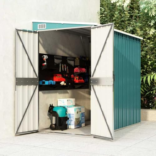 Keketa Homgoday Gartenhaus Grün 118x194x178 cm | Verzinkter Stahl, Metall | Doppeltüren, Kunststoffgriff | für Werkzeuge & Gartenmöbel Model316221