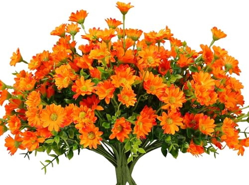 alyptus 8 Bundles Artificial Flowers for Outdoors Faux Mums UV Resistant Plastic Fall Plants Fake Greenery Orange Daisy Bulk for Home Gardenr Window Box Pathway Plante Wedding Decor (Orange)
