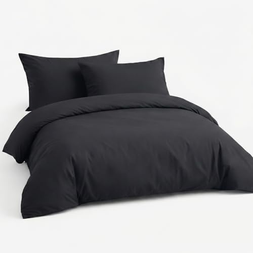 LivinEase Brushed Microfibre Double Duvet Cover Sets - 100 GSM Black Double Duvet Cover with 2 Pillowcases (50x75 cm) - Hotel Quality Hypoallergenic, Easy Care and Comfortable