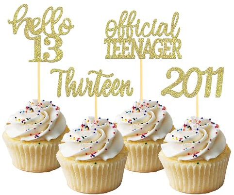 24 pcs Décoration Gâteau Anniversaire 13 ans, Paillettes Cake Topper, Joyeux Anniversaire Décoration non Comestible pour Cupcake 13 ans Fille Garçon (Or)