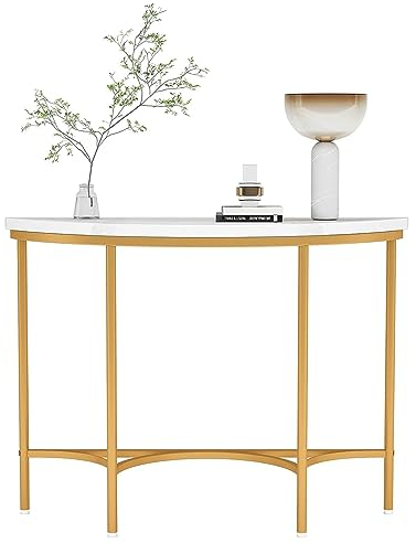 Consolle dorata, tavolino moderno da divano a mezzaluna, tavolo foyer ingresso corridoio con ripiano in finto marmo e gambe in metallo dorato, perfetto per ingresso, corridoio, atrio o soggiorno