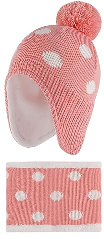 LACOFIA Baby Mädchen Wintermütze und Loop Schal Set Kleinkind Winter Warme Earflap Beanie Hut Kinder Fleece Futter Strickmützen und Schlauchschal Set Rosa 1-2 Jahre M