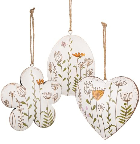 Logbuch-Verlag Ostern Frühling Deko Anhänger Herz + Blume + Osterei aus Metall 3-TLG Set weiß bunt zum Aufhängen 11 cm