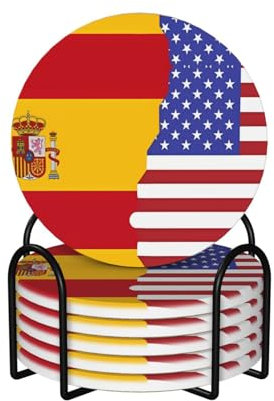 Runde Form, 6 Keramik-Untersetzer, amerikanische Spanien-Flagge, Bild: rutschfeste Korkunterseite, passend für alle Kaffeetassen, Gläser und Tassen