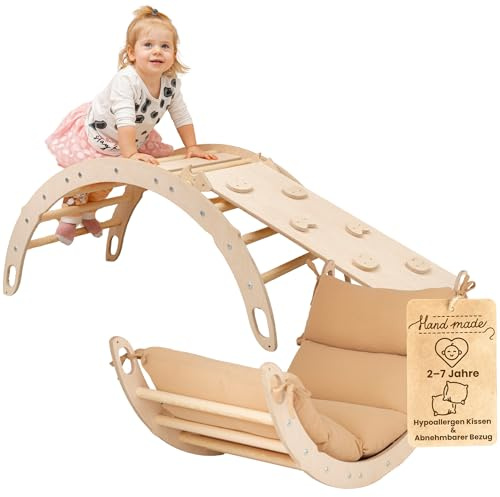 WoodsCraft Kletterbogen mit Kissen & 2in1: Rutsche Indoor/Kletterrampe | mit hypoallergen Kissen für Kletterbogen, holz Montessori Klettergerüst indoor spielgeräte, Babyrutsche & Rampe