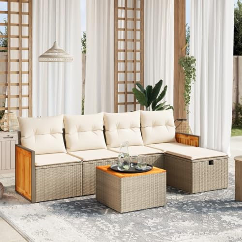 Rantry 6-TLG. Gartenmöbel Set mit Kissen Gartensofa Balkonsofa Gartenlounge Loungesofa Ecklounge Ecksofa Sitzgruppe mit Gartentisch Balkonmöbel Loungemöbel Beige Poly Rattan