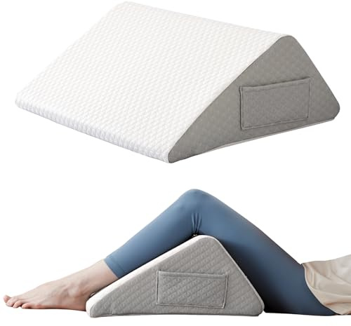 Ruqmuis Knee Pillow for Back Sleeping, 8” Knee Wedge Pillow to Elevate Knee, Leg Pillow for Back Pain Relief, Triangle Pillow, Leg Elevation Pillows for After Surgery, Blood Circulation, White/Grey