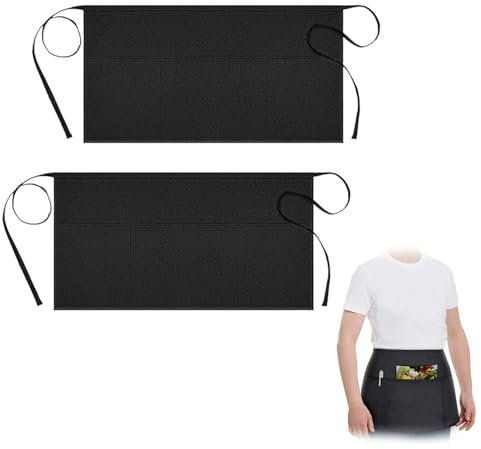LFCFBH 2 Pack Waitress Apron with 3 Pockets, Black Waist Apron for Kitchen Restaurant Work Waitress Chef Waiter Cooking Baking