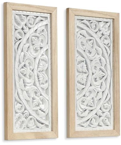 JUJOYBD 2er Set Wandornament Holz Groß Holzbild Wanddeko Landhaus Stil Wanddekoobjekt geschnitztes Wandbild Wohnzimmerdeko, Ornament, Shabby Weiß