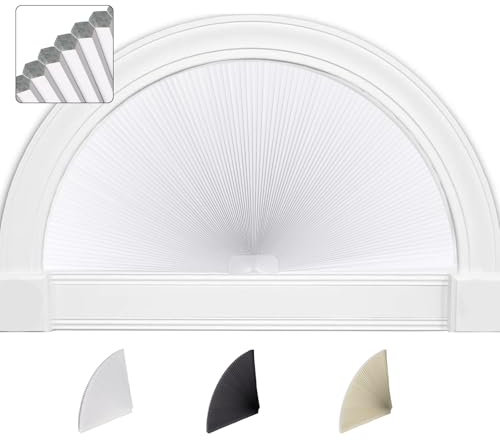 SEEYE Bogenfenster Verdunkelungsrollo, Plisseerollo (Radius: 91,4 cm) Halbrund-Jalousien, schnurlos, ohne Werkzeug, halbrunder Schirm, einfach zu schneiden und zu installieren, Weiß