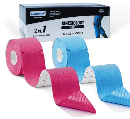 LiangMai Kinesiotapes - 2 Kinesiologie Tape Rollen (5cm x 5m) 40 Precut (je 25cm x 5cm) Sport Tapes Blau+Rosa Kinesiotape vorgeschnitten, Profi Physio Tape Knie Schulter wasserfest & Hautfreundlich