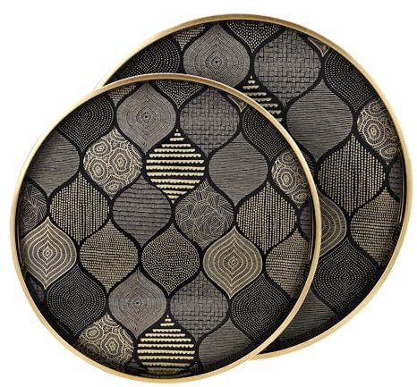 Serviertablett mit Antik-Look & stilvollem Design, dekorative Tabletts mit Griffen für die Küche, rundes Ottoman-Tablett für das Abendessen | Wohnzimmer & Wohnkultur | 2 Stück (Schwarz)